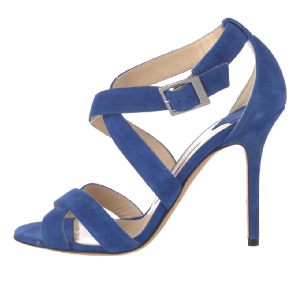 Jimmy Choo LOGO Heels Blue Suede Strappy Ankle Wrap Sandals EU38